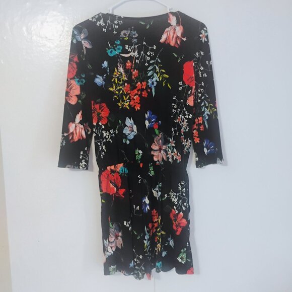 Kaileigh Black Floral Faux Wrap Dress 3/4 Sleeve Tie Waist S - Picture 5 of 6